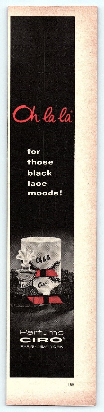 Vogue 1965 Print Ad Ciro Perfums Oh LA LA Black Lace Moods 2.5 x 12.5 Home Decor