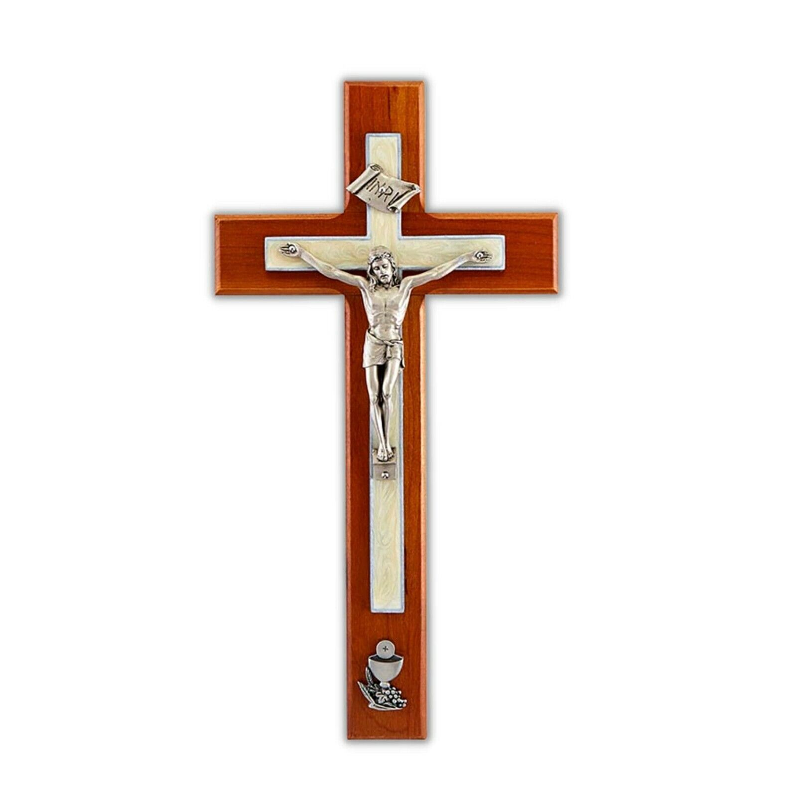 First Communion Religious White Enamel Wooden Hanging Wall Cross Crucifix, 10 In