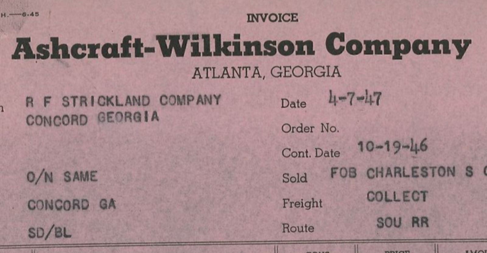 1946 Ashcraft-Wilkinson Company Atlanta Georgia Ammoniated Base Invoice 401
