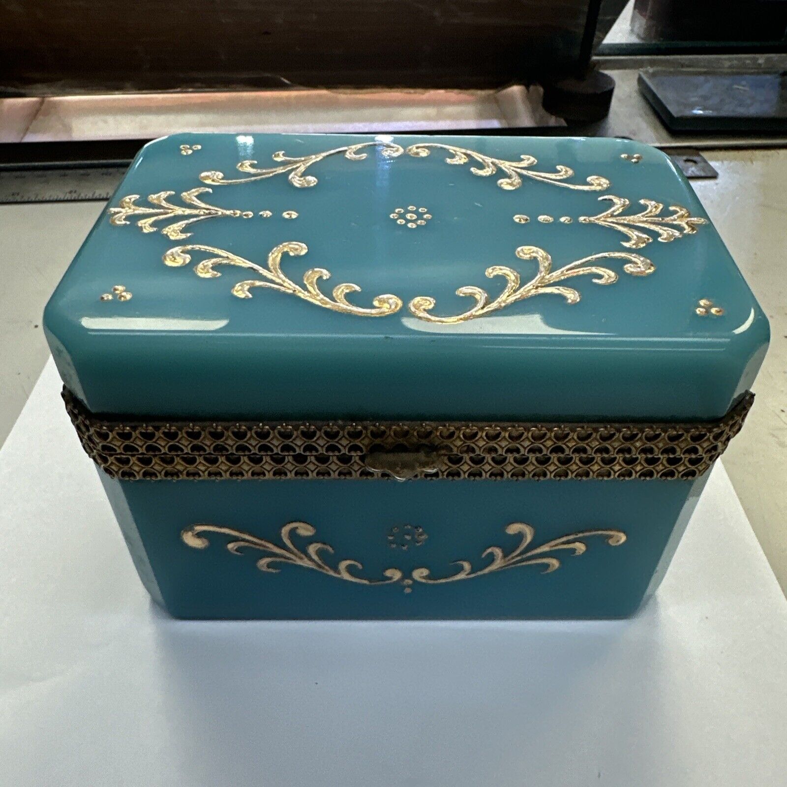 Antique Gilded Blue Opaline Rectangle Glass Box Rare