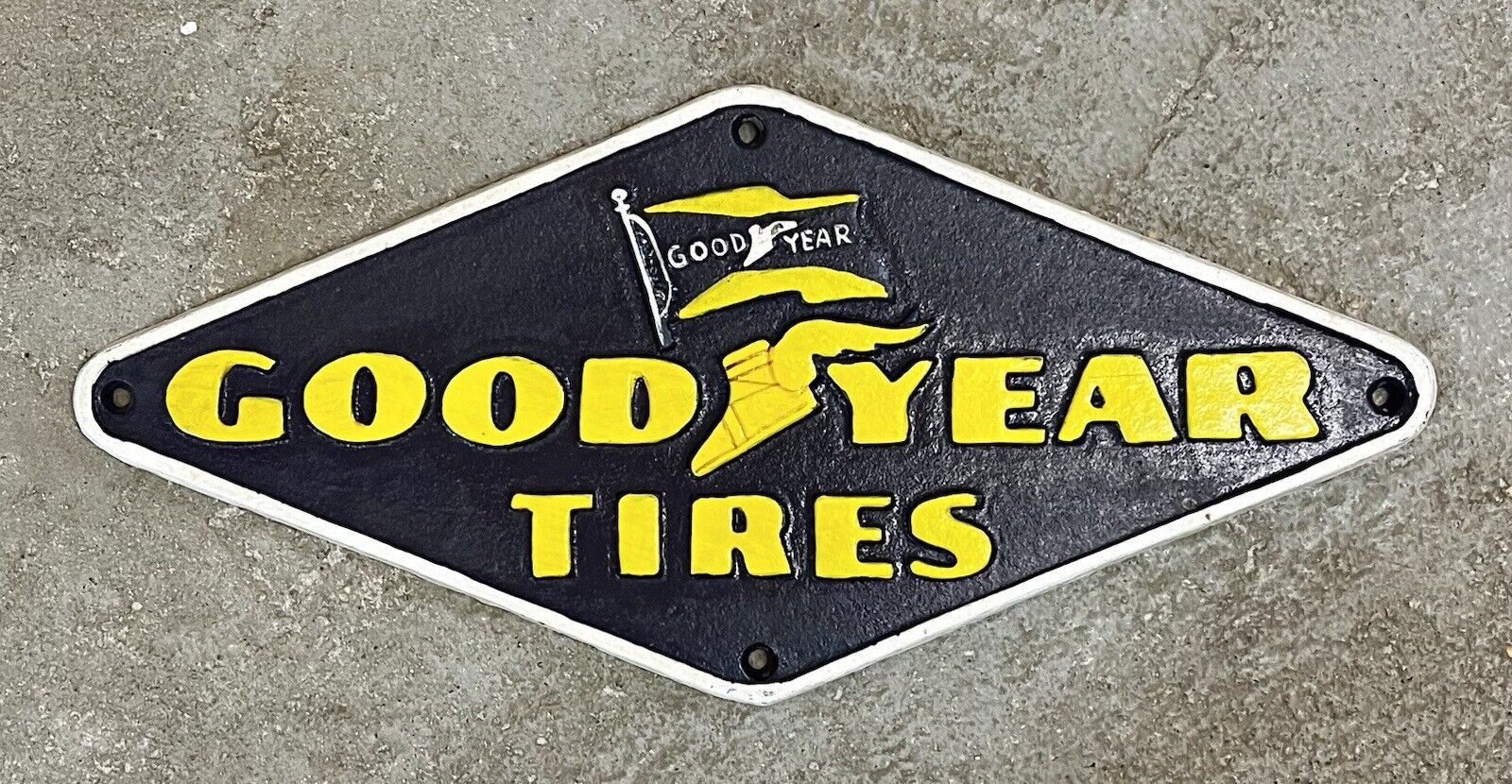 GOODYEAR TIRES Founded 1898 Diamond Shaped Cast Iron Sign, 7” x 15”