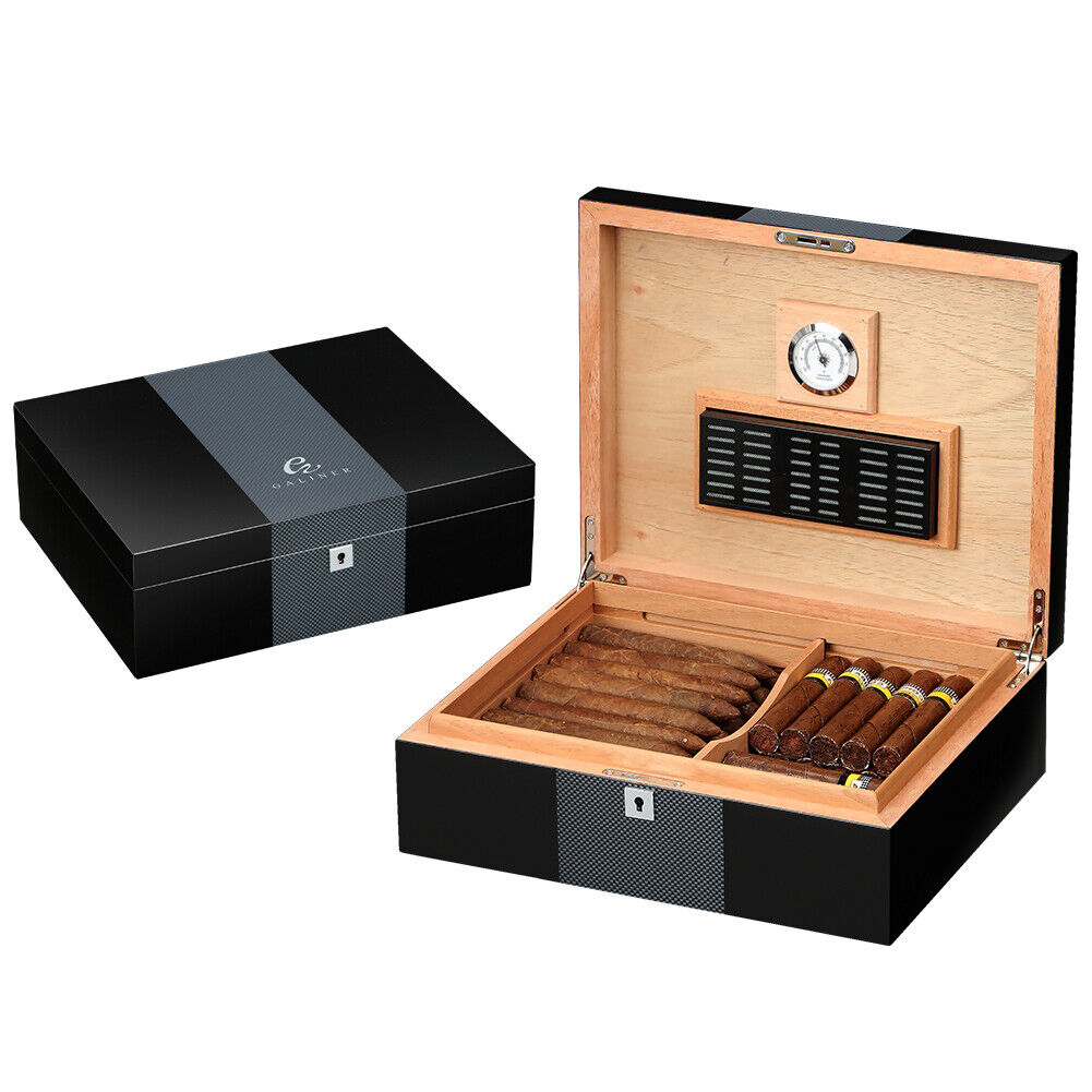 Galiner Midnight Cigar Humidor 35+ Black Cedar Cigar Box Humidifier Hygrometer