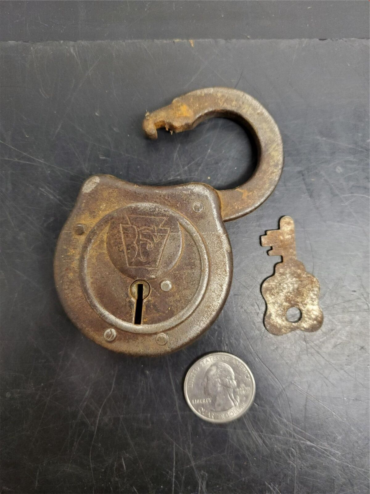 Vintage/Antique Keystone Antique Small F Padlock Lock with Key-Works Wonderfully