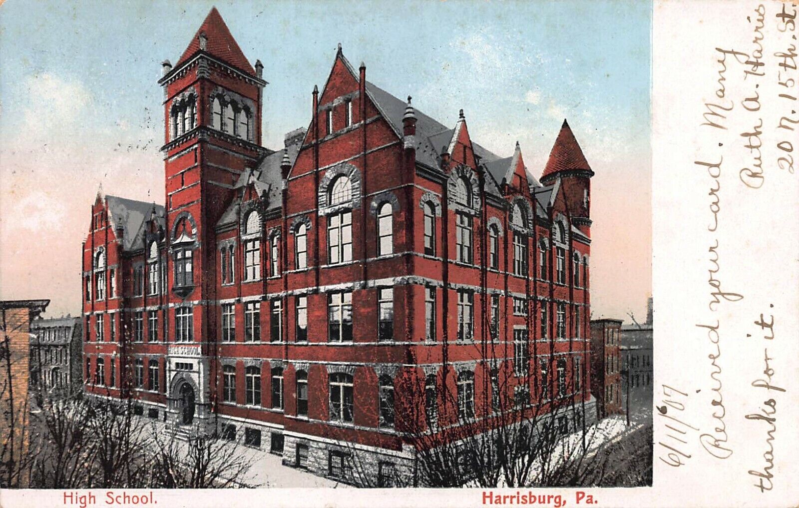 High School, Harrisburg, Pennsylvania, Early Postcard, Used in 1907