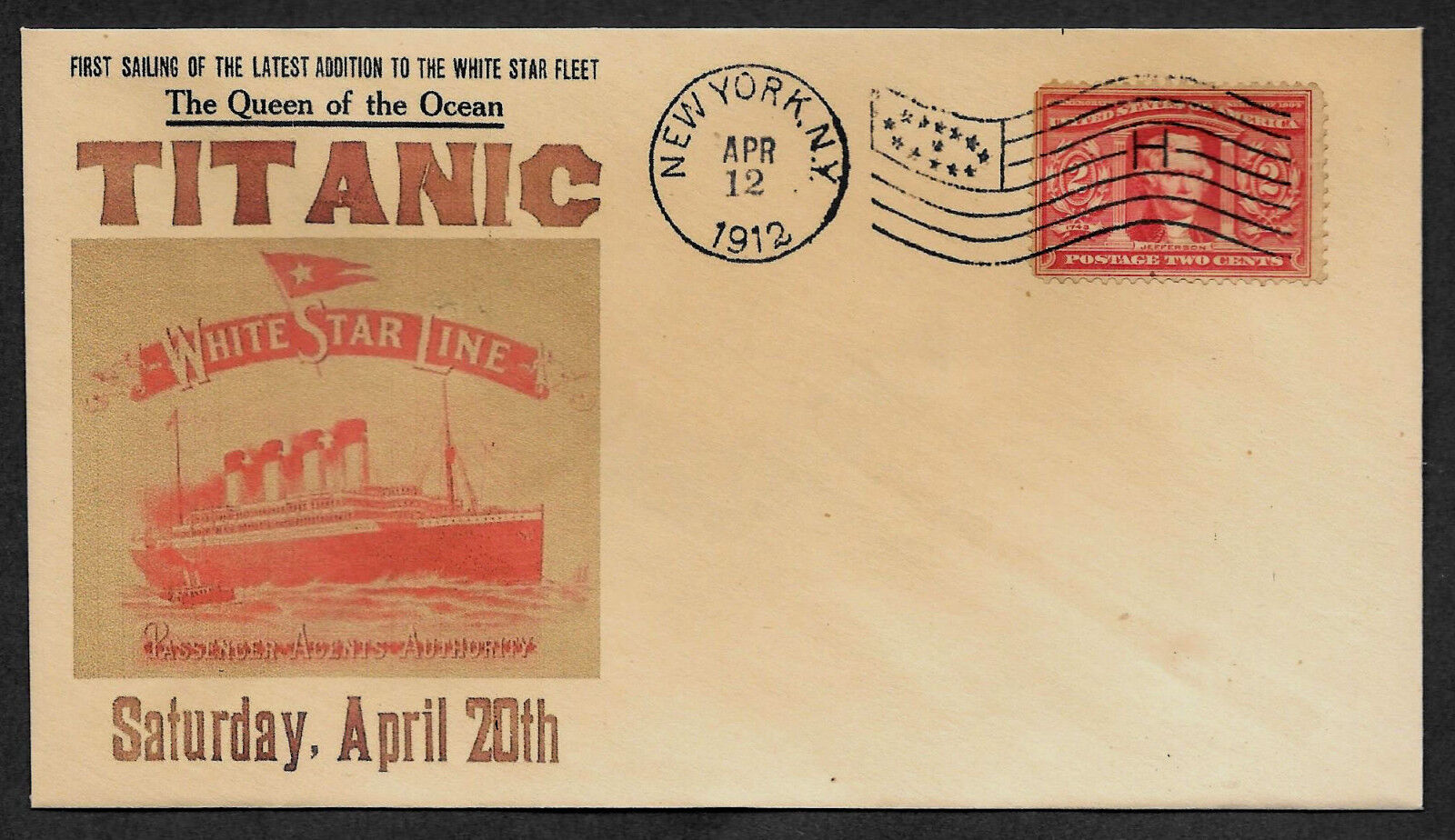 1912 Titanic Ad Reprint with 105 year old stamp on Collector's Envelope *OP581