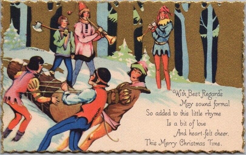 Vintage 1931 ART DECO Merry Christmas Postcard Yule Log / Renaissance Scene