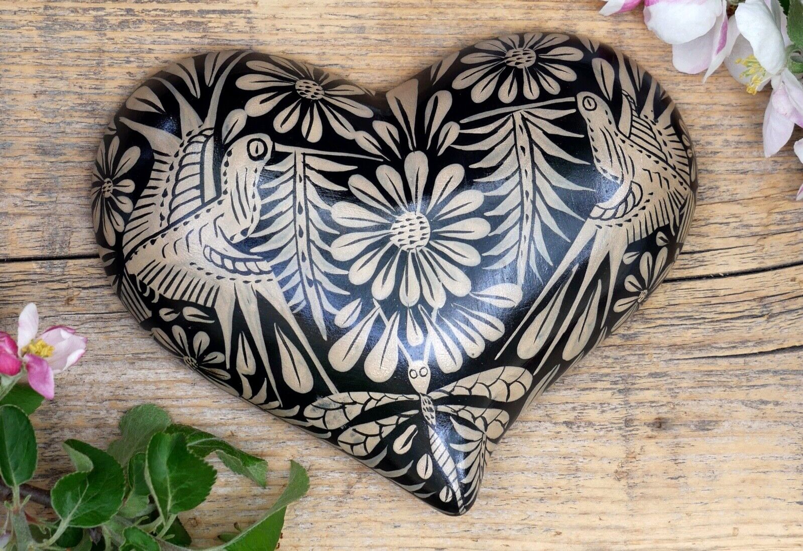 Small Heart Black & Tan Clay Handmade Hand Painted Mexican Folk Art Love Token