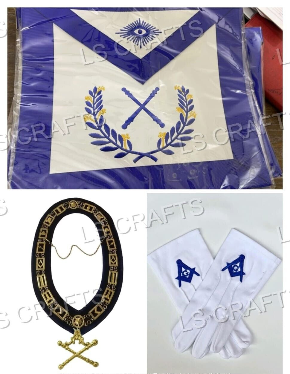 Masonic Regalia Blue Lodge Marshall Apron, Chain Collar and gloves Full Set