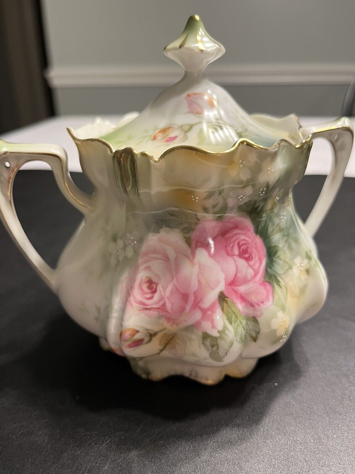 Antique c1870-1918 Pink Roses Floral Double Handle Lidded Sugar Bowl