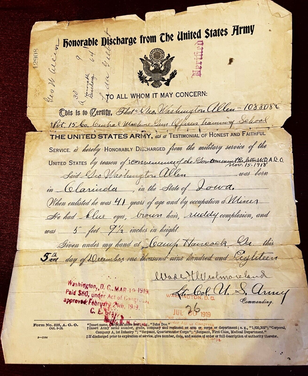 ANTIQUE 1918 WWI US ARMY ORIGINAL HONORABLE DISCHARGE CERTIFICATE