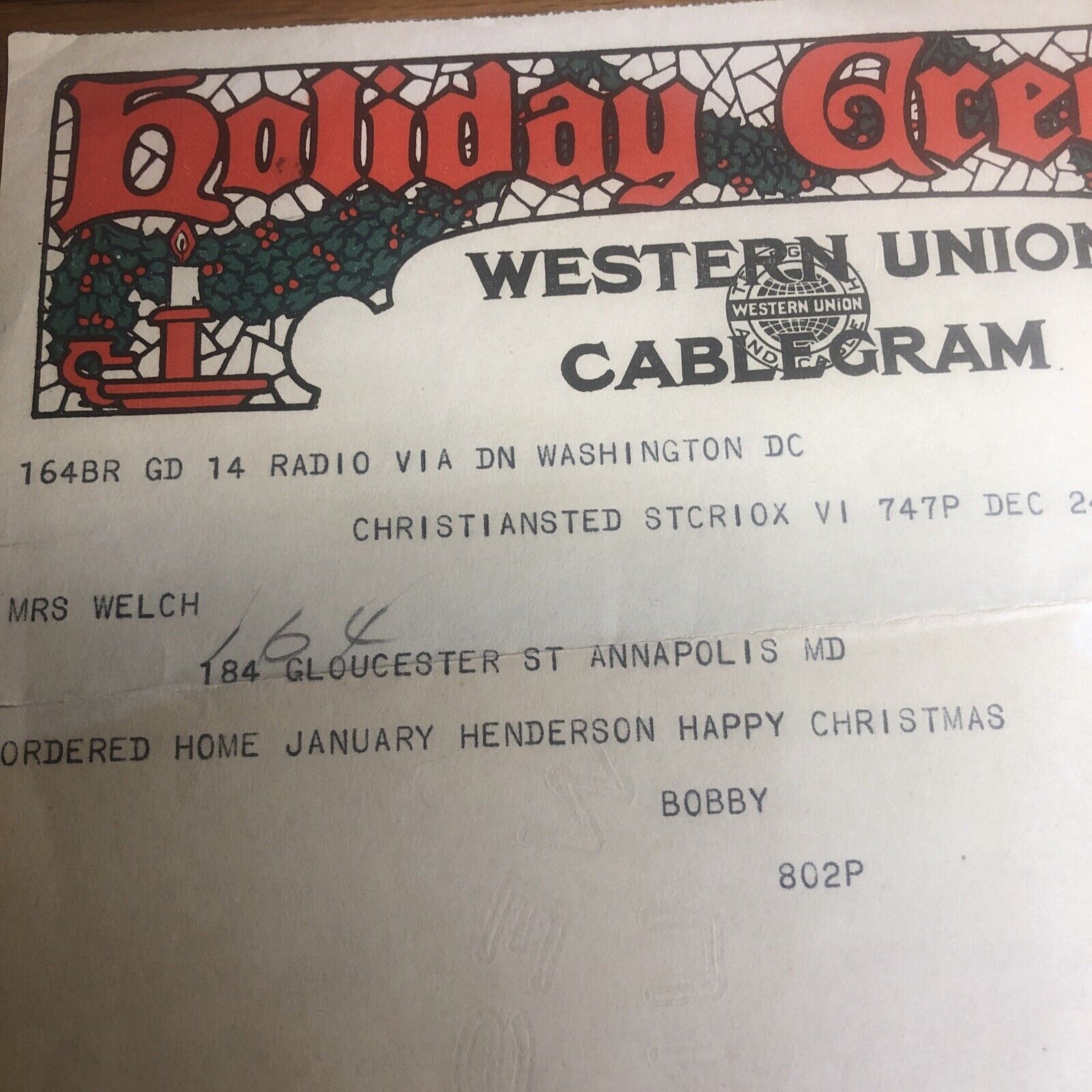 Vintage 1924 Christmas Original, CABLEGRAM Western Union Int Cablegram