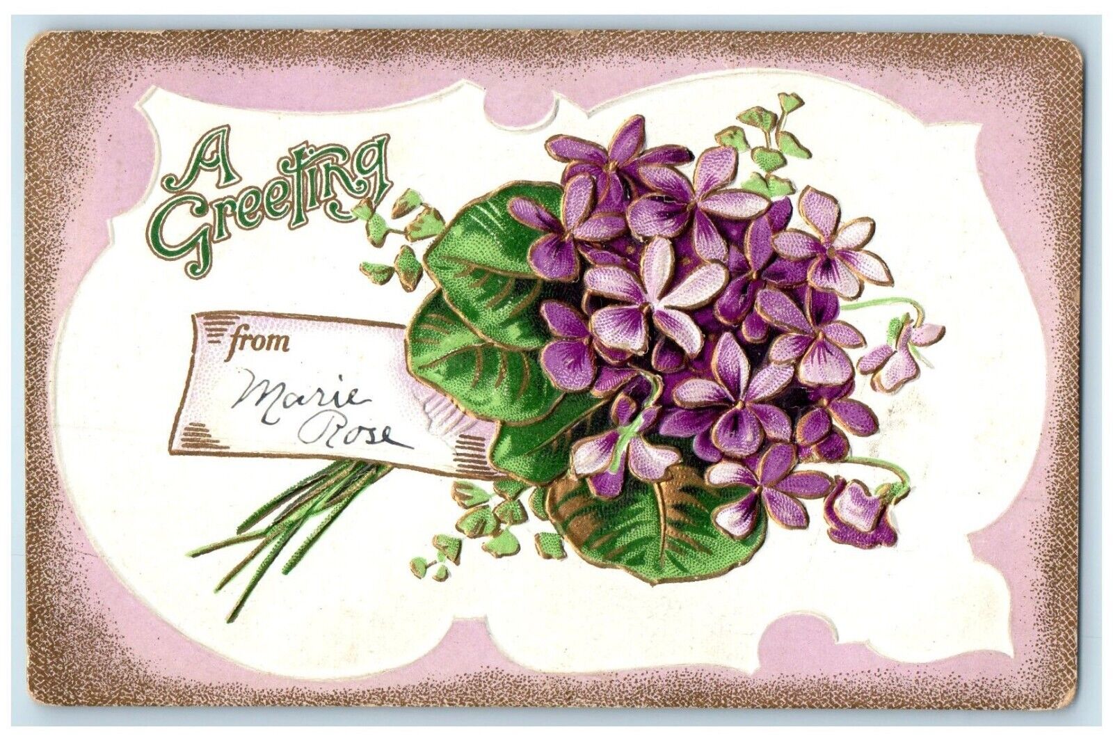 c1910\'s Greeting Purple Flowers Embossed Barney Iowa IA DPO Antique Postcard