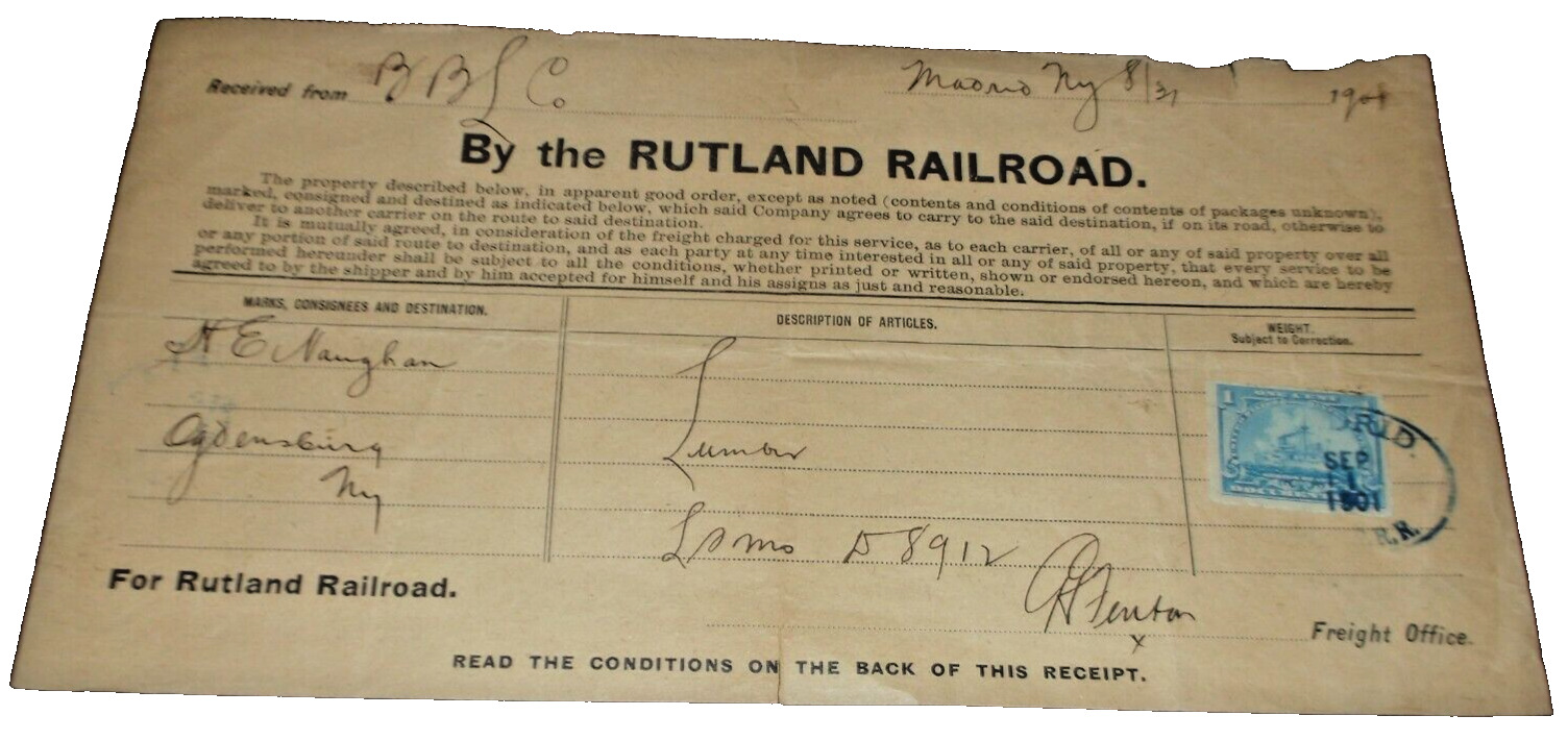 AUGUST 1901 RUTLAND RAILROAD ARLINGTON OGDENSBURGH NEW YORK FREIGHT BILL