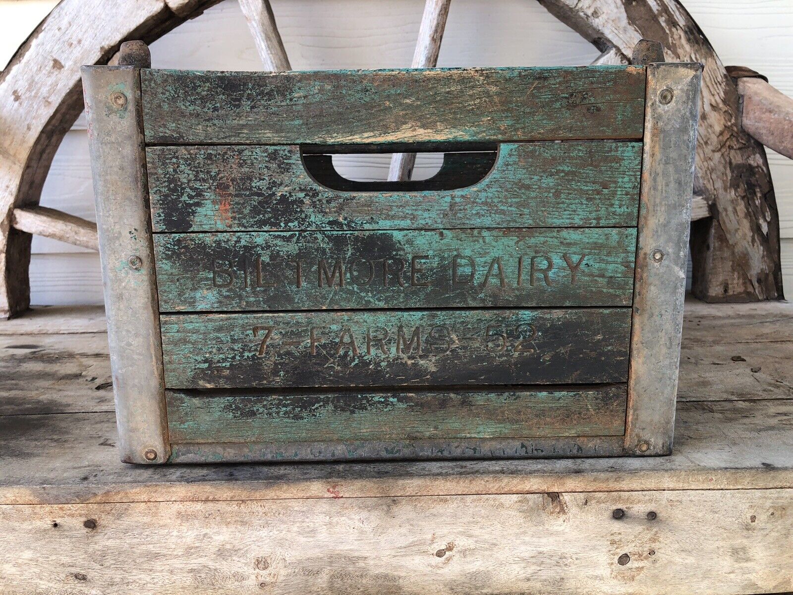 Vintage Milk Crate Wood Metal Biltmore Dairy Farms 1952 Great Patina