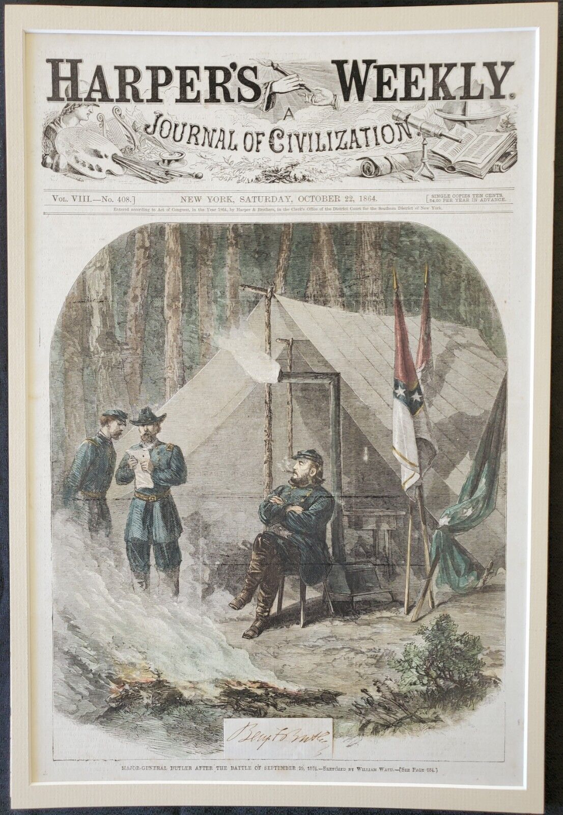 1864 Civil War Union Mjr General Ben Butler Autograph Cut Paper + Harpers Sketch