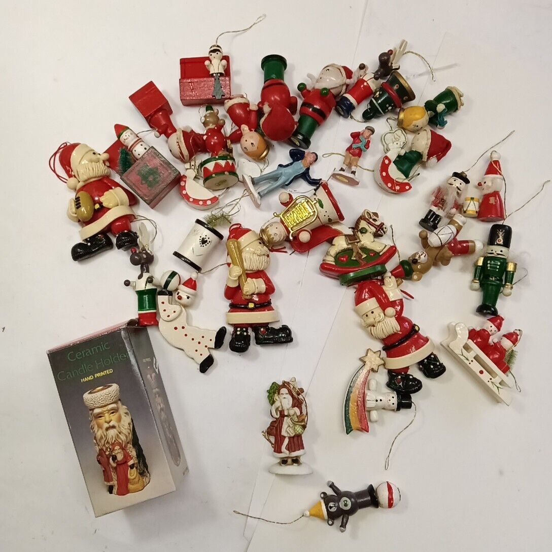 Vintage Xmas Lot of 31 WOODEN Ornaments Cars Tree Angels Sled Santa