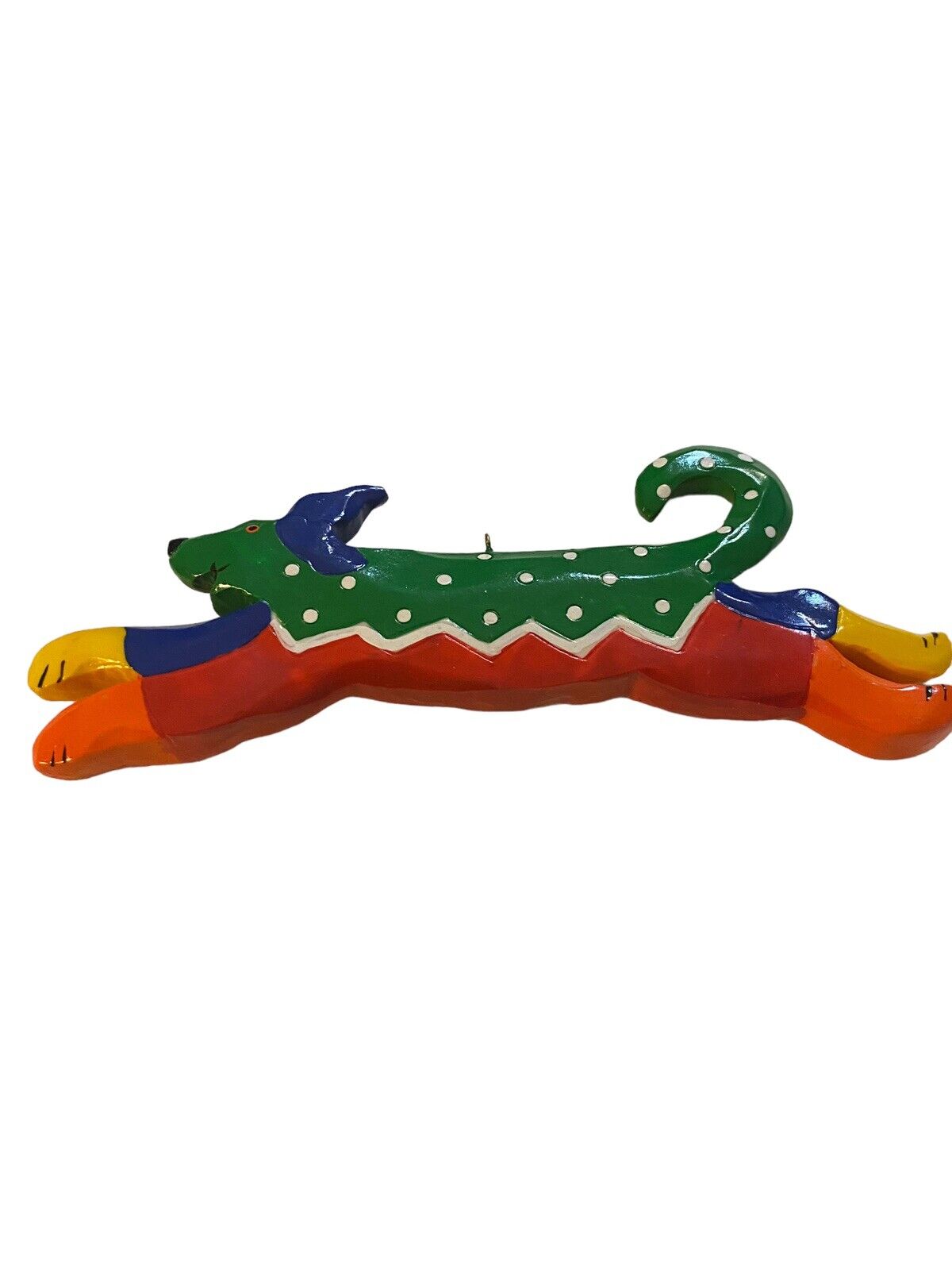 Primitive Whimsical Colorful Folk Art Painted Dog Wood Christmas Ornament 5 1/2”