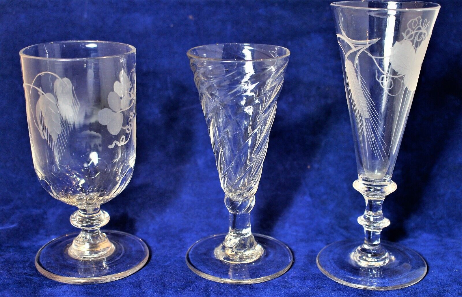 3 Georgian Baluster Stem Wine Glasses (2 Engraved, 1 Spiral Molded) c. 1790-1810