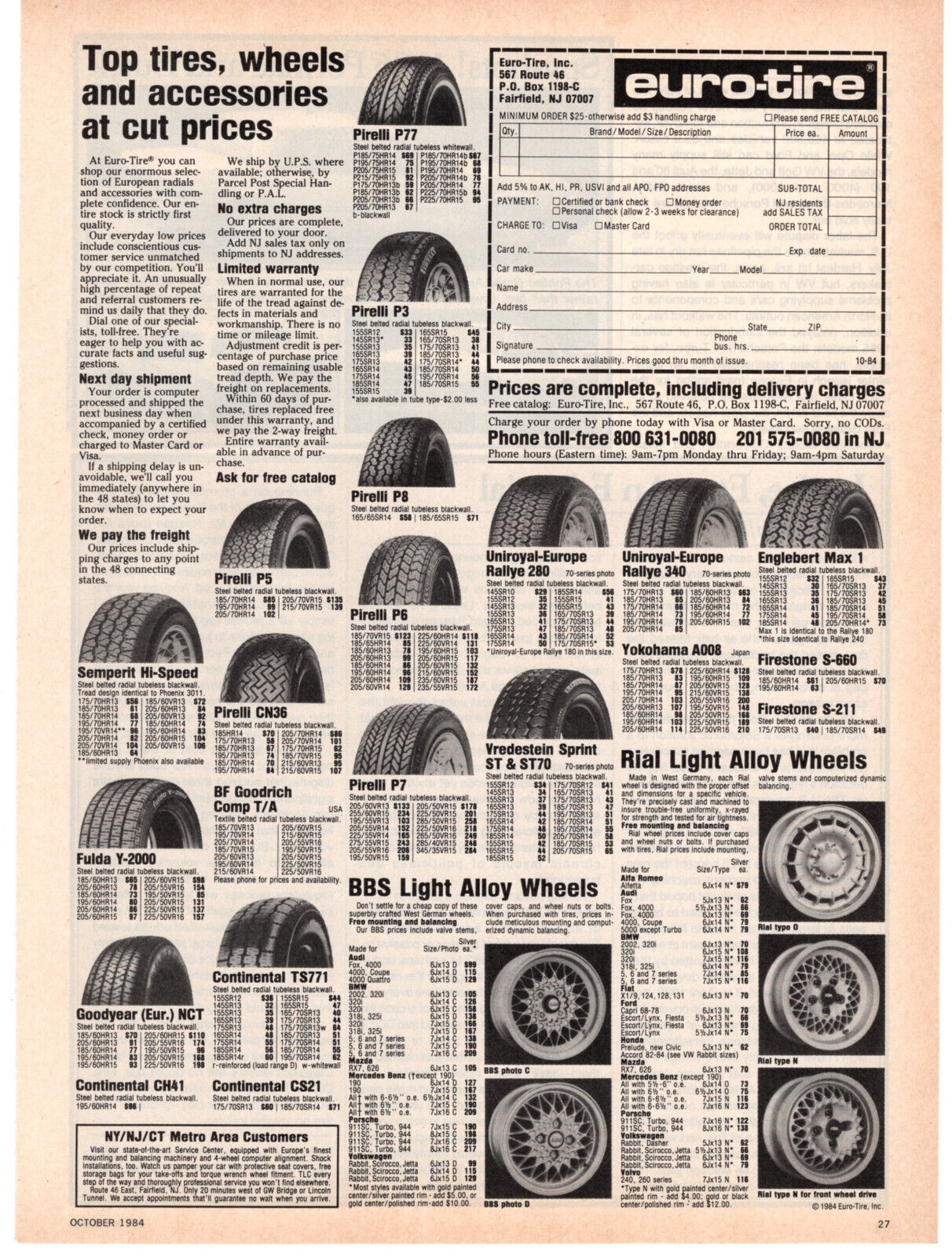 Euro-Tire BBS Rims Wheels Rial 1984 Vintage 2 Pg Print Ad Original Man Cave