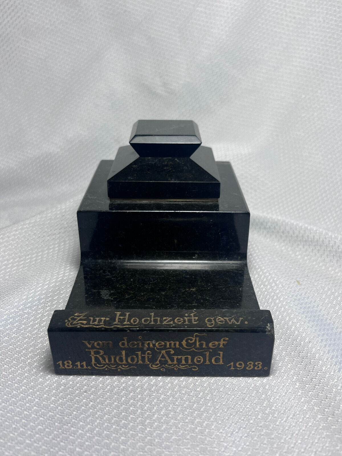 Pre War 1933 Black Marble Inkwell Desktop Stand German Wedding Gift Lift Top