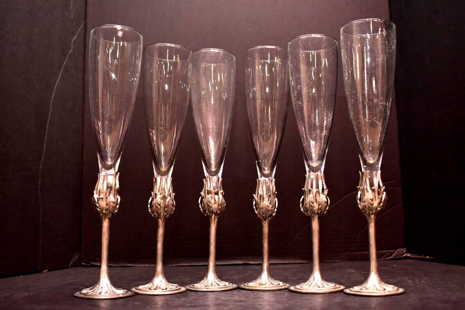 Set 6 VTG Caster Cooper Pewter Champagne Flutes Toasting Glasses Brutalist MCM