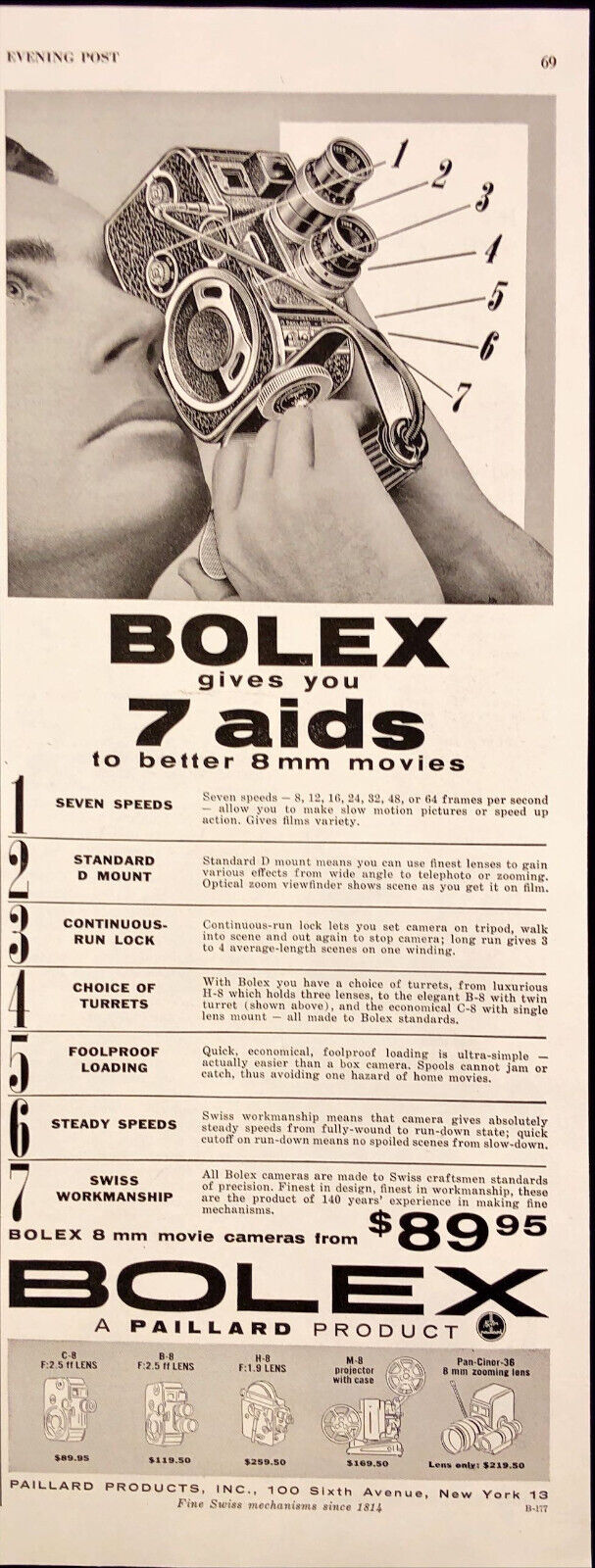 1955 Bolex 8mm Movie Camera Print Ad Detailed Camera View with Chart