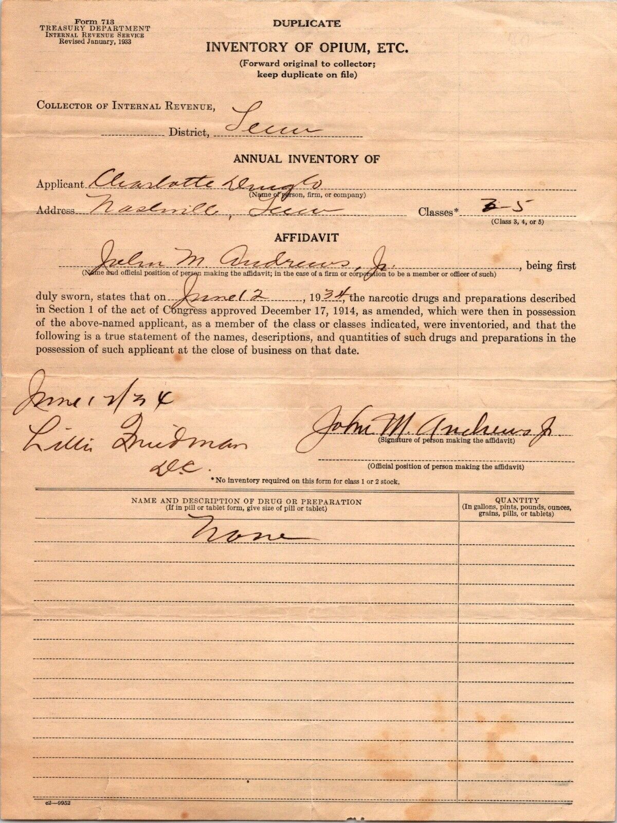 1934 INVENTORY OF OPIUM Charlotte Drug Co NASHVILLE Treasury Dept IRS Form 713