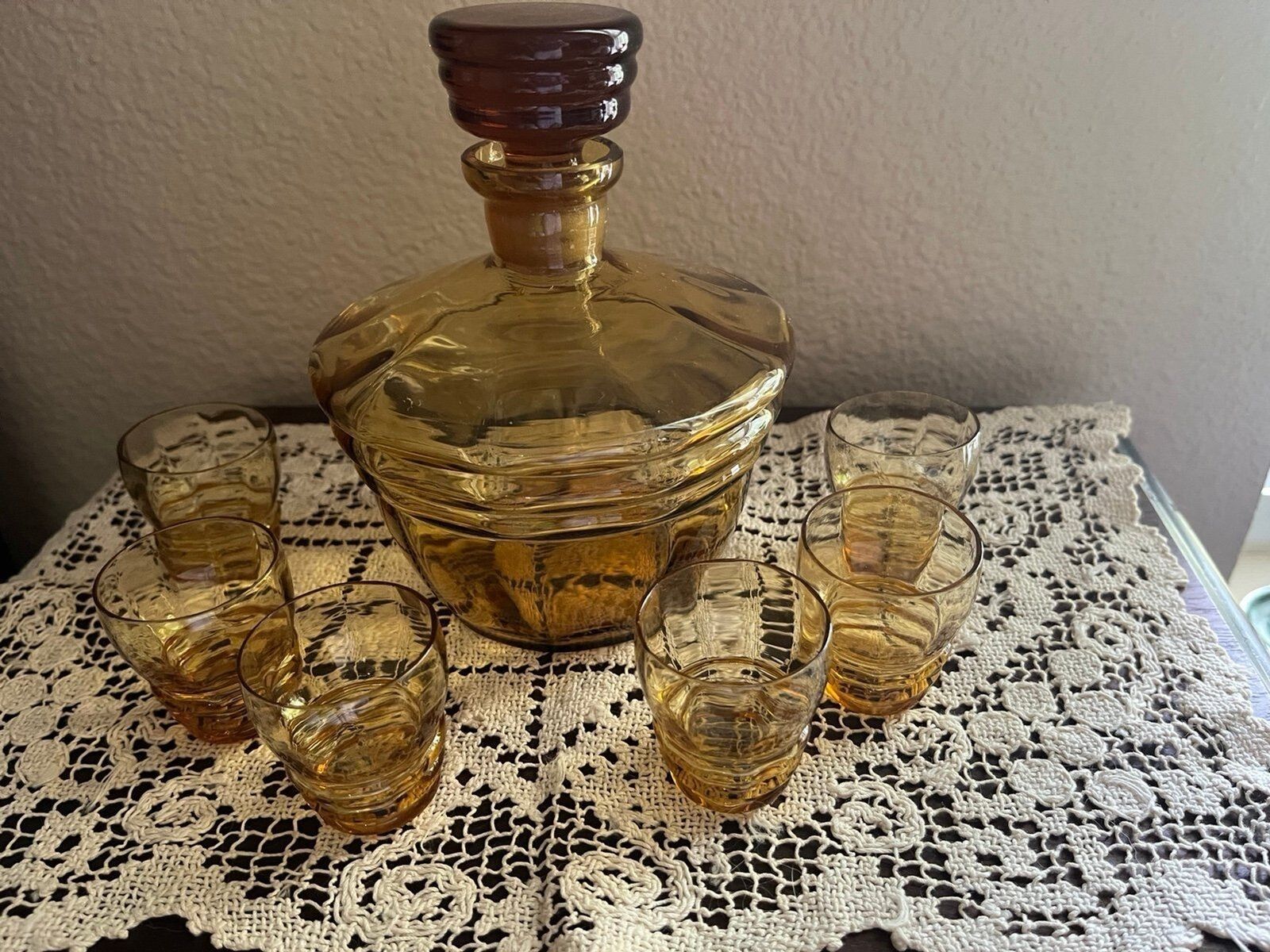 Vintage Amber Glass Decanter and Glasses