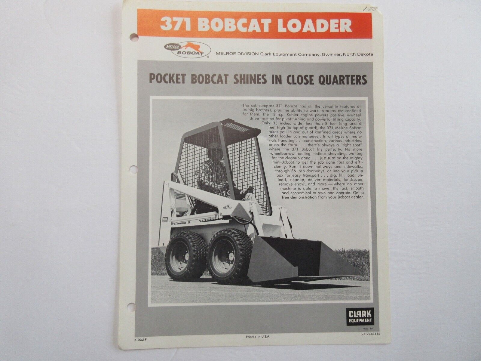 Bobcat 371 Skid Steer Loader Brochure 2 Page