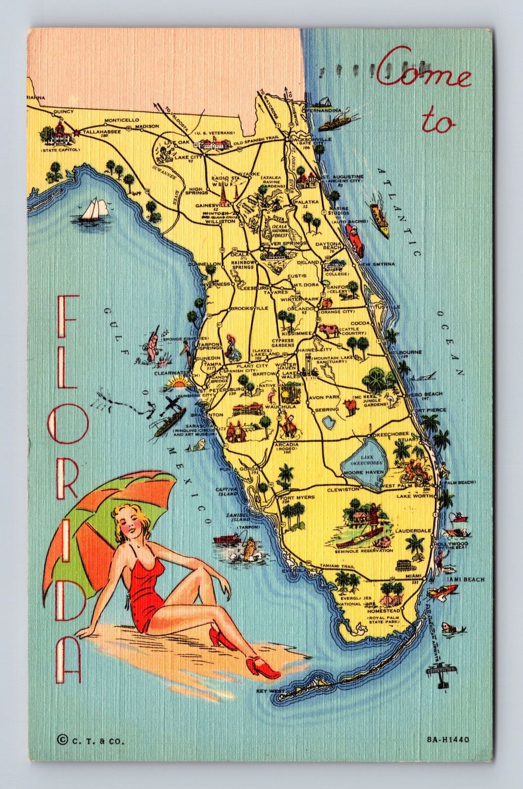 Come To Florida, State Map, Beach Beauty, Antique, Vintage c1940 Postcard