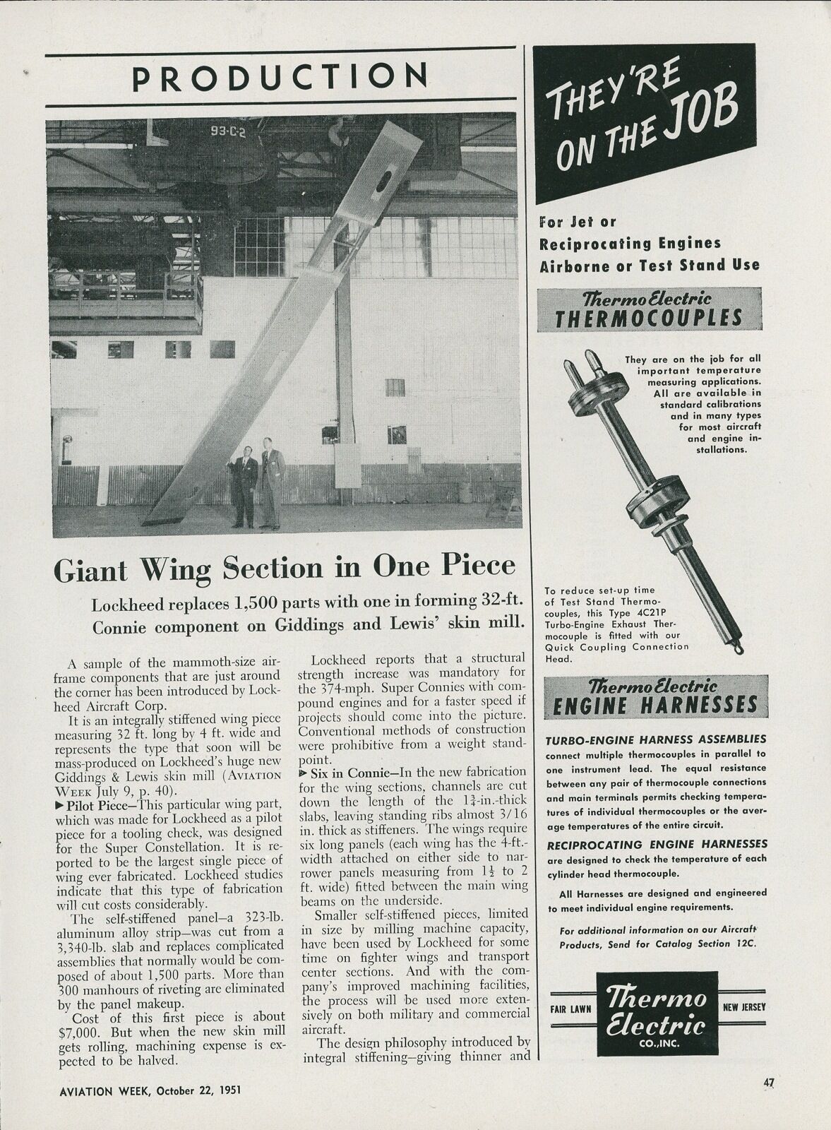 1951 Aviation Article Lockheed Aircraft Super Constellation Custom Wing Section