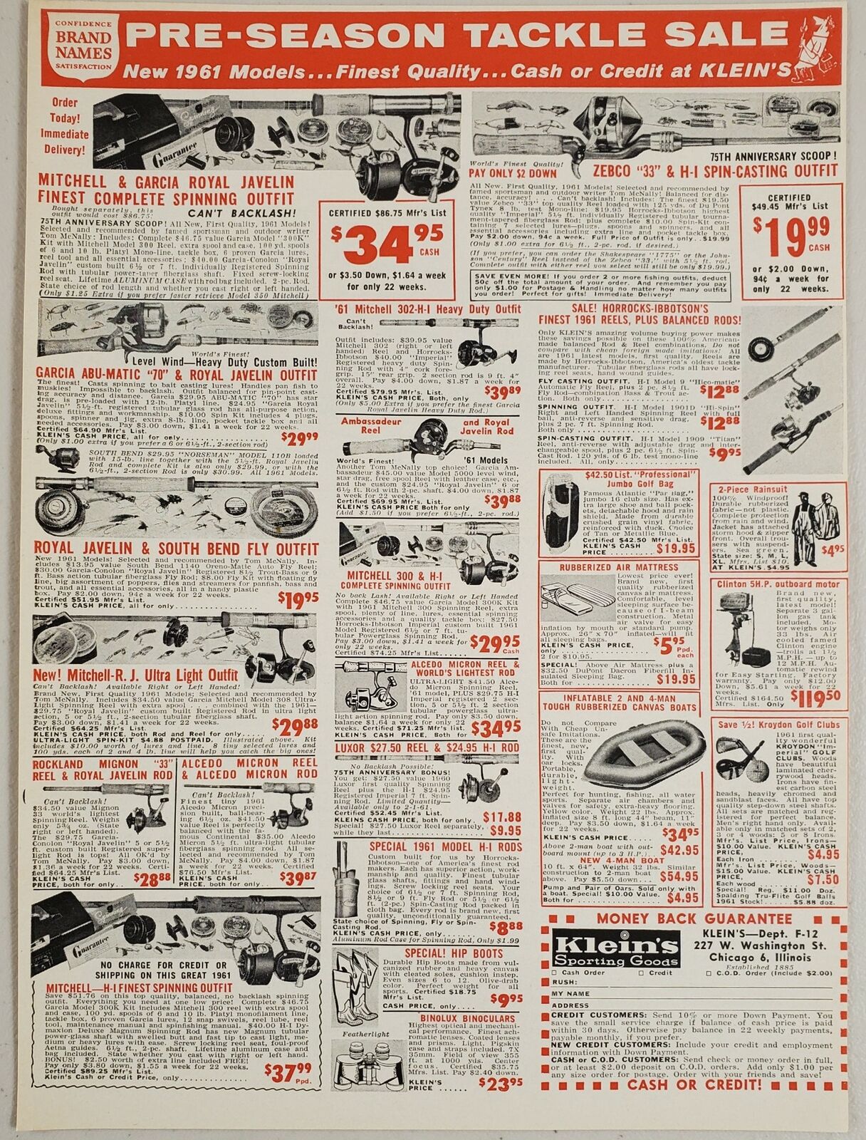 1960 Print Ad Mitchell,Garcia,Zebco Fishing Gear Klein\'s Sporting Goods Chicago