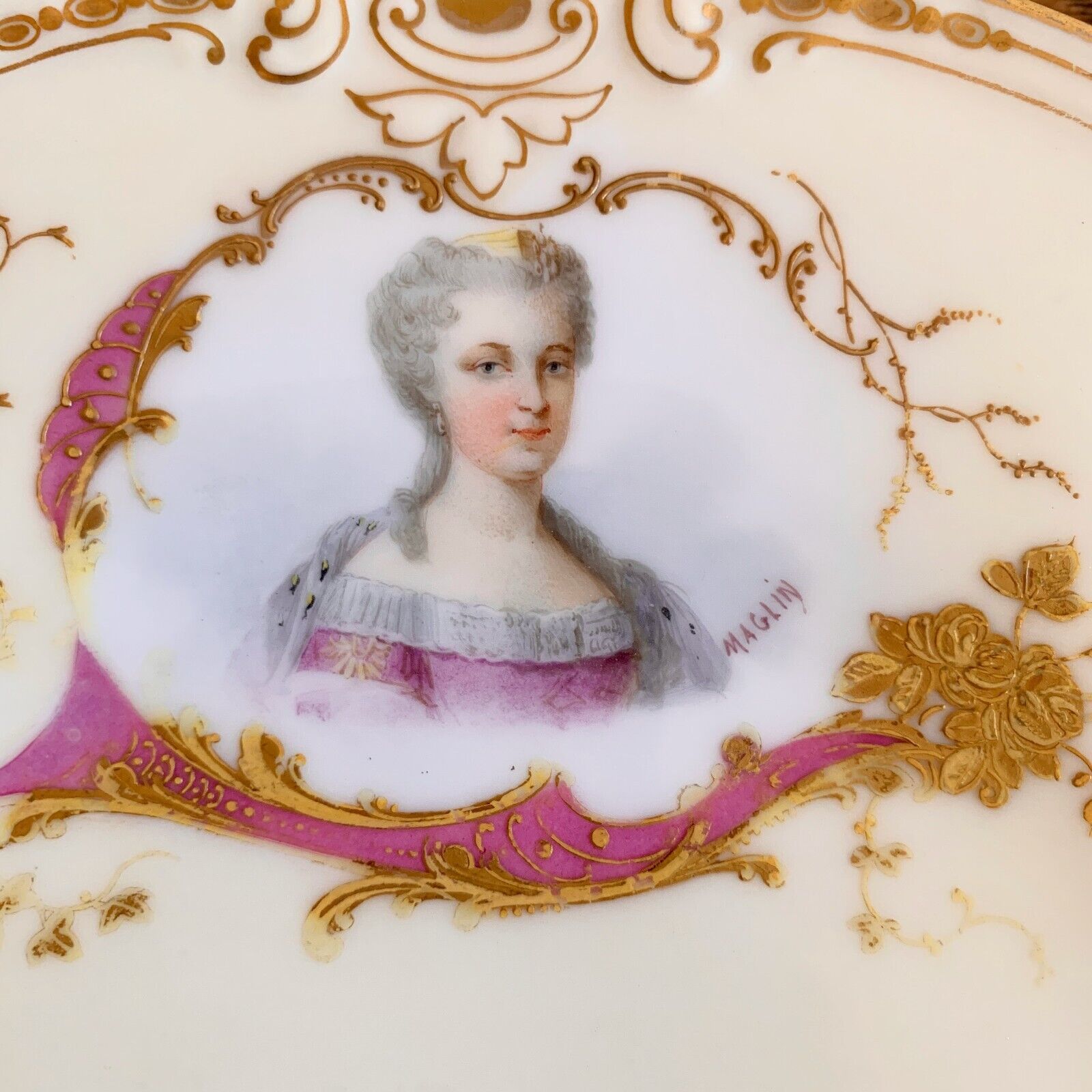 Antique Sevres Style Porcelain Portrait Plate Marie Leczinska Signed Maglin