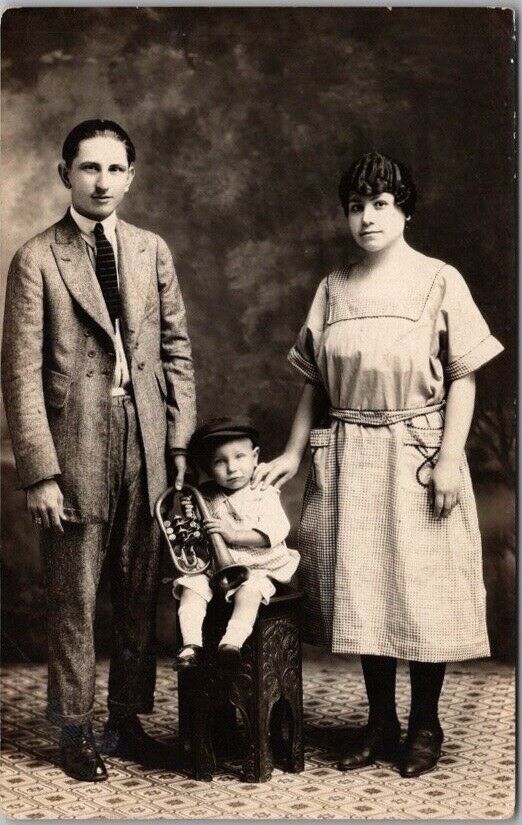 1910s RPPC Photo Postcard Family Studio Portrait / Little Boy Holding CORONET