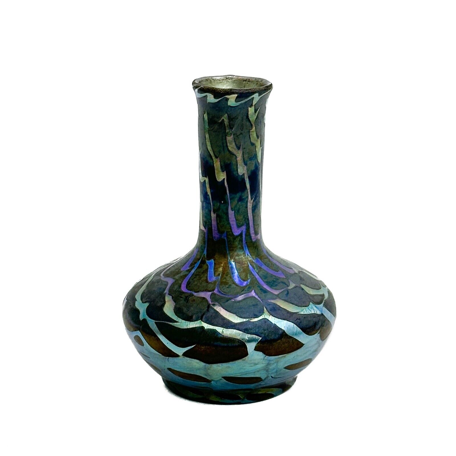 LCT Tiffany Favrile Iridescent Art Glass 6 inch Vase Blue Swirls Signed c 1900