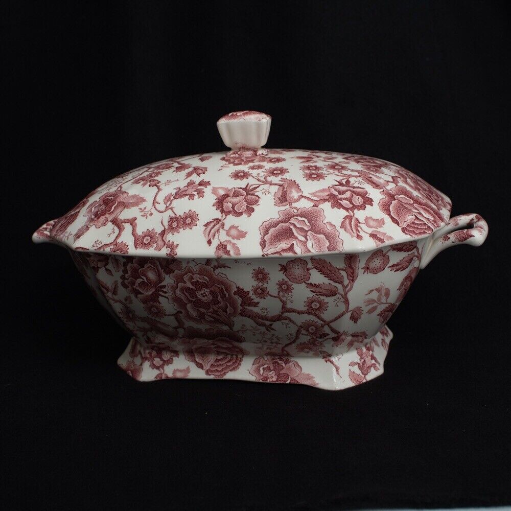 Vintage Johnson Bros Tureen Soup Chippendale XL Pink Red lidded 17” EUC