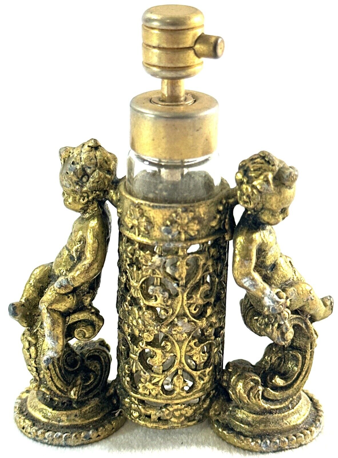 RARE VICTORIAN Ormolu Rococo Style Cherub Perfume Bottle Atomizer