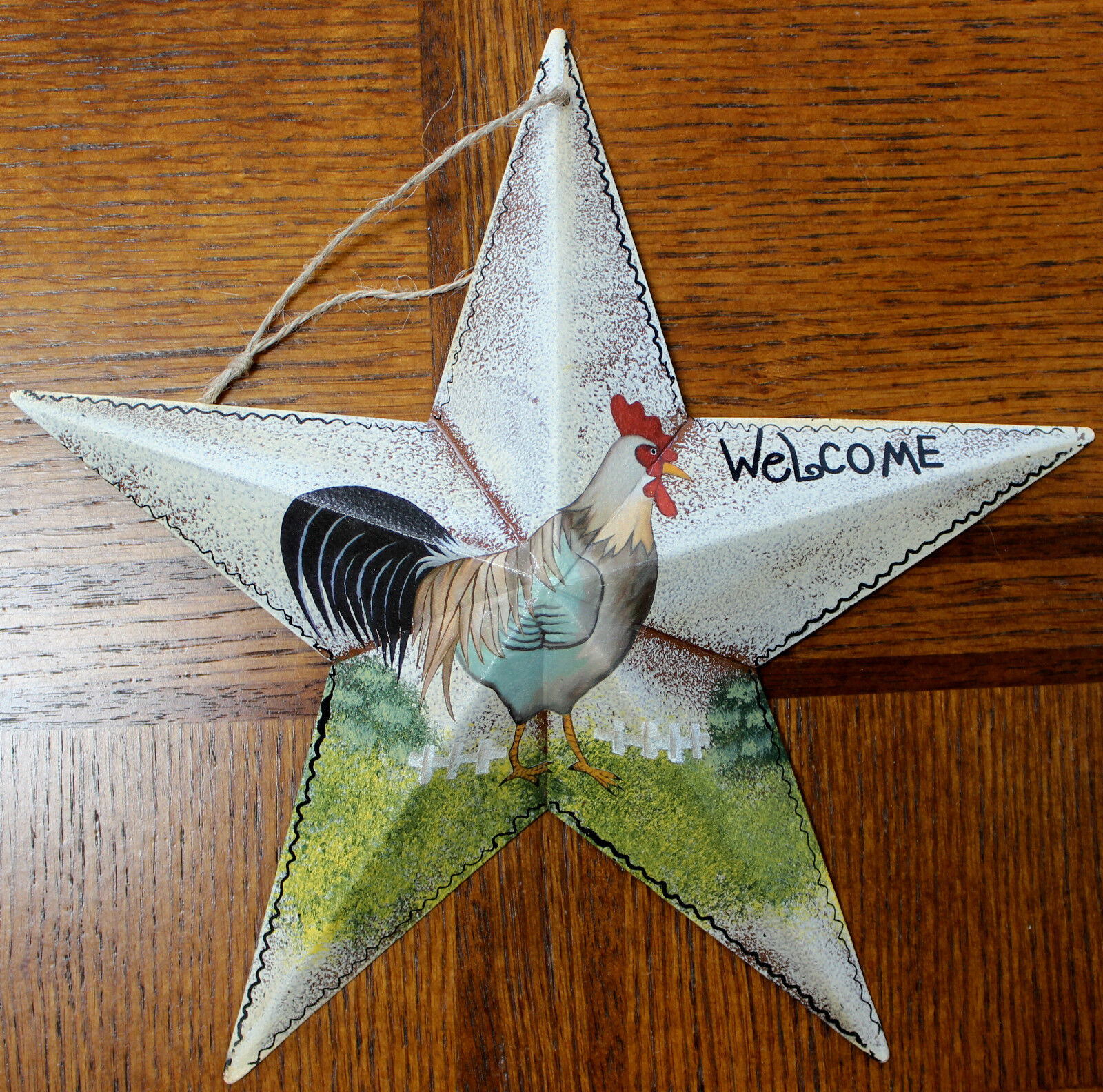 New Tin Metal Welcome Rooster Hanging Star 9.5