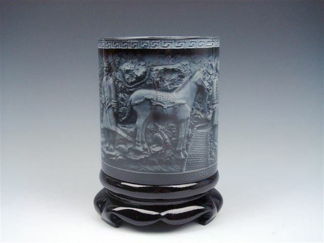 Top Quality Stone Carved In Relief *Terracotta Warriors & Horse* Brush Pen Pot