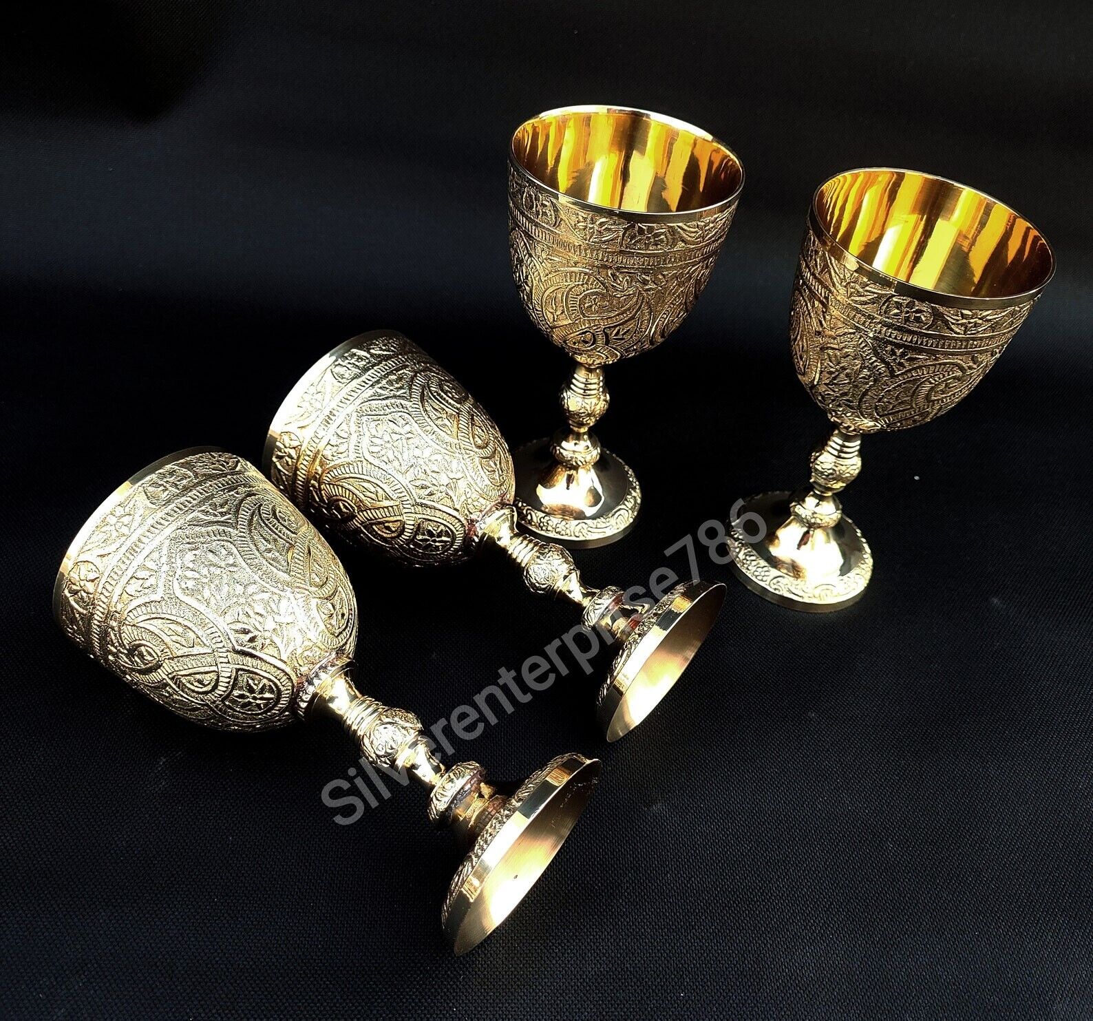 Pack of 4 Goblet Brass Engraved Design Wine Cup Brass King\'s Royal Chalice Gift