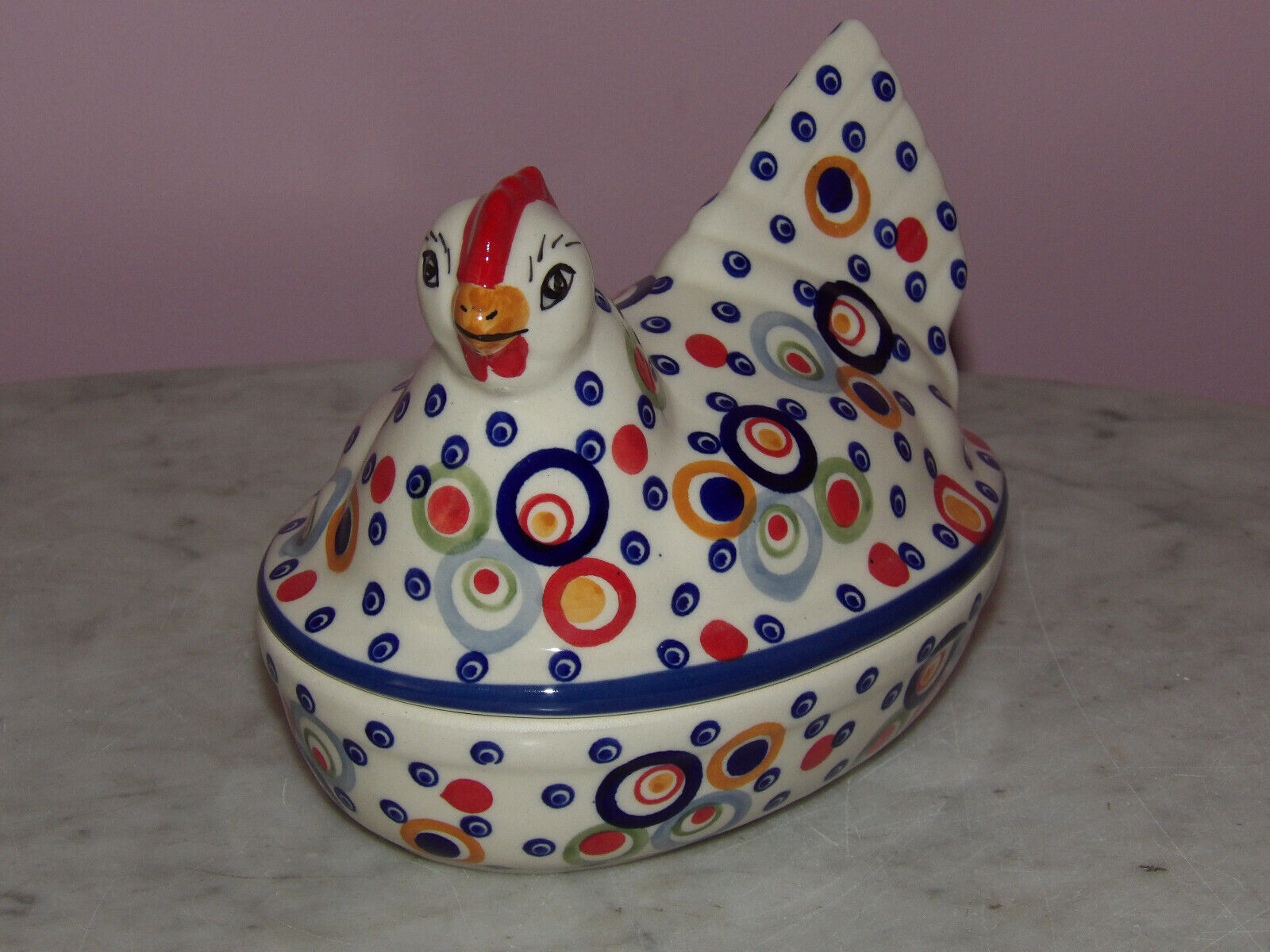 Polish Pottery Chicken Box Happy Happy Pattern