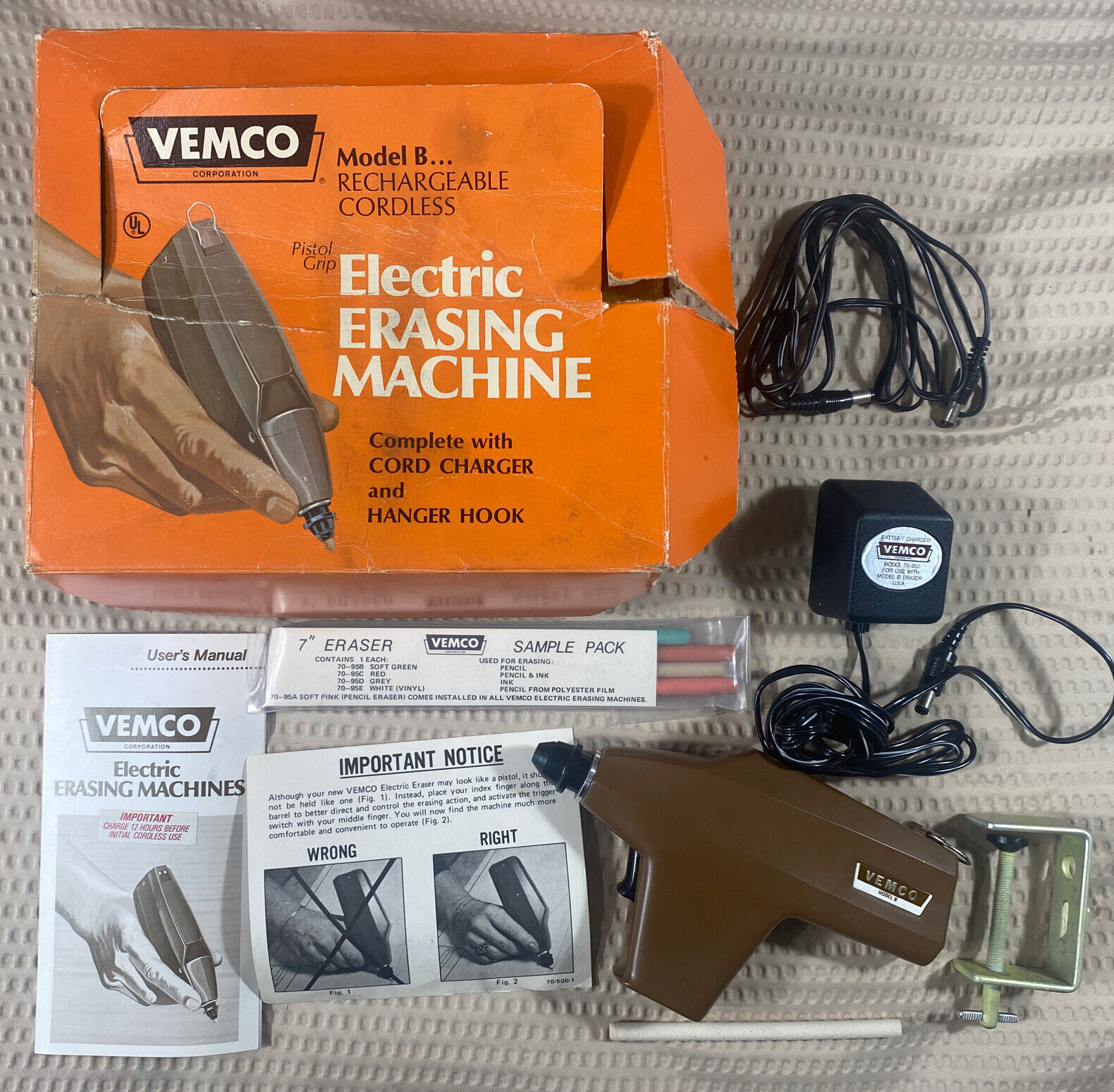 Vintage VEMCO Model B Rechargeable Cordless Electric Erasing Machine NEW IN BOX