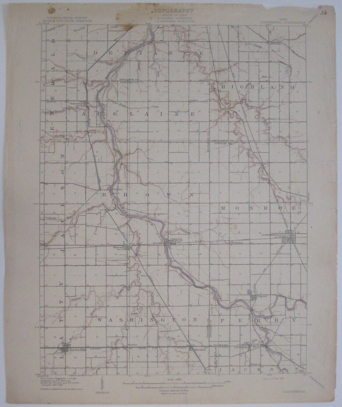 Original 1909 USGS Map PAULDING COUNTY Ohio Electric Railroad Miami & Erie Canal