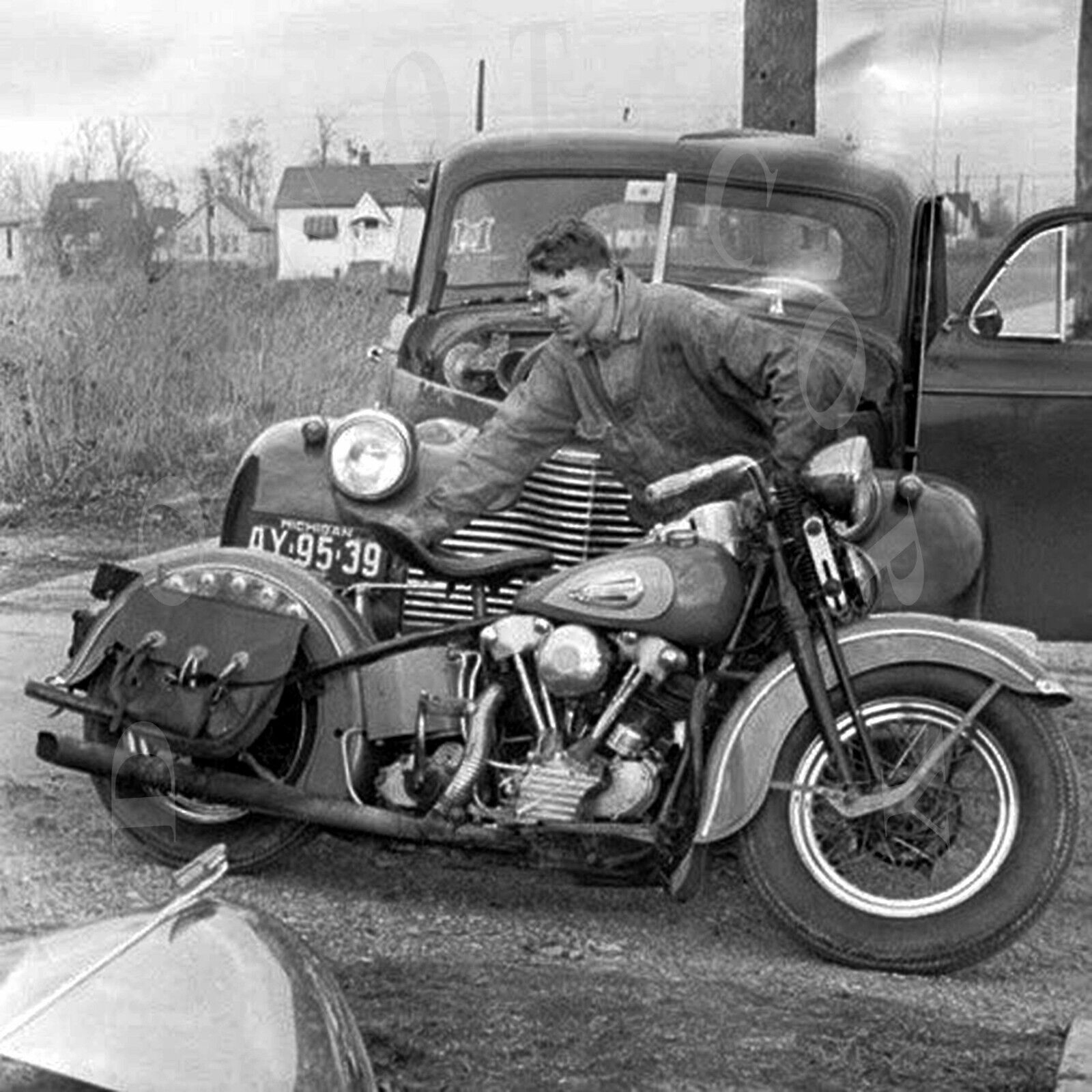 ANTIQUE REPRO 8X10 PHOTOGRAPH MAN WITH HIS HARLEY DAVIDSON MOTORCYCLE