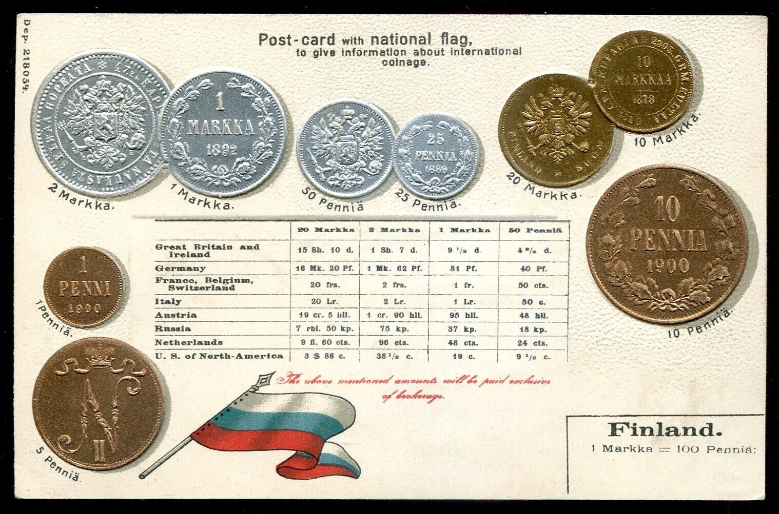 FINLAND Postcard 1910s Embossed Gilded Coins Flag