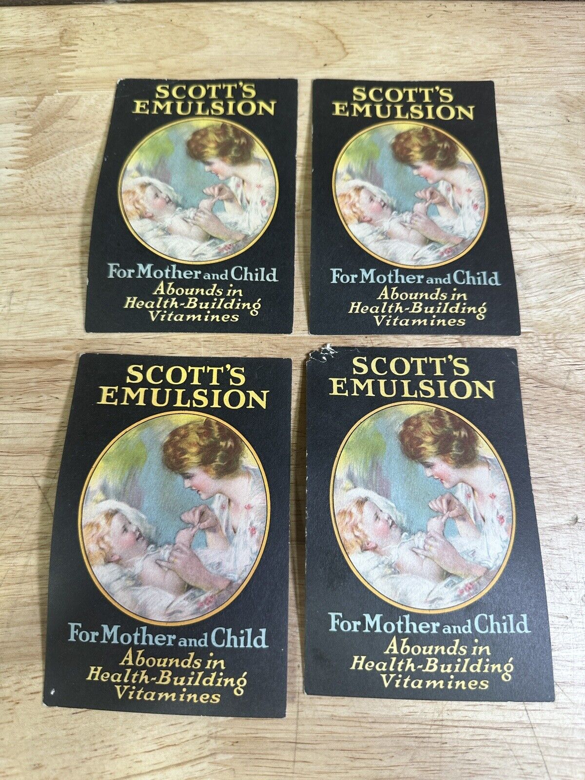 Antique Lot Of 4 Scott\'s Emulsion for Mother and Child Advertising Cards Color