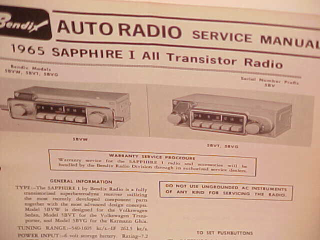 1965 VOLKSWAGEN KARMANN GHIA BEETLE SAPPHIRE I BENDIX AM RADIO SERVICE MANUAL 65