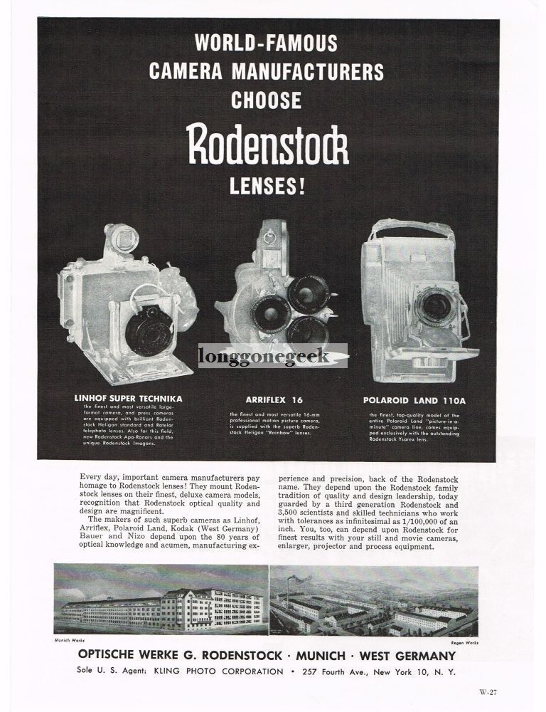 1958 Rodenstock Camera Lenses Linhof Arriflex Polaroid Vintage Print Ad 