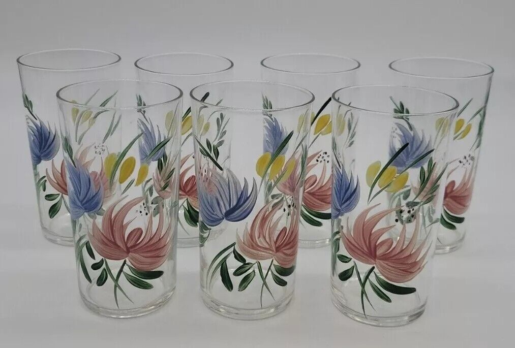 Vtg Lot Of 7 Federal Glass 12 Oz Handpainted Floral Water Glasses Tumblers 5\