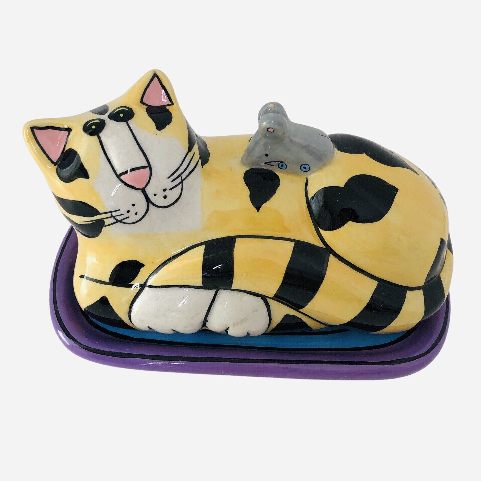 Catzilla Candace Reiter Covered Butter Dish Ceramic Colorful Graphics Tabby Cat